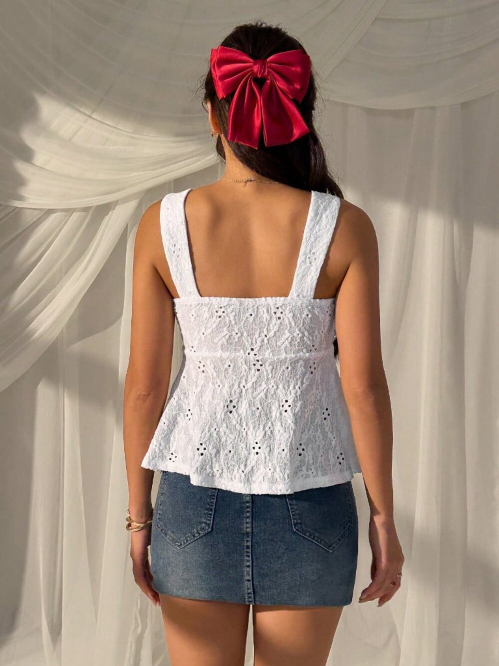 White Casual Women's Tops Hollow Out Lace-Up Vacation Tank Top - Picture 3 of 8